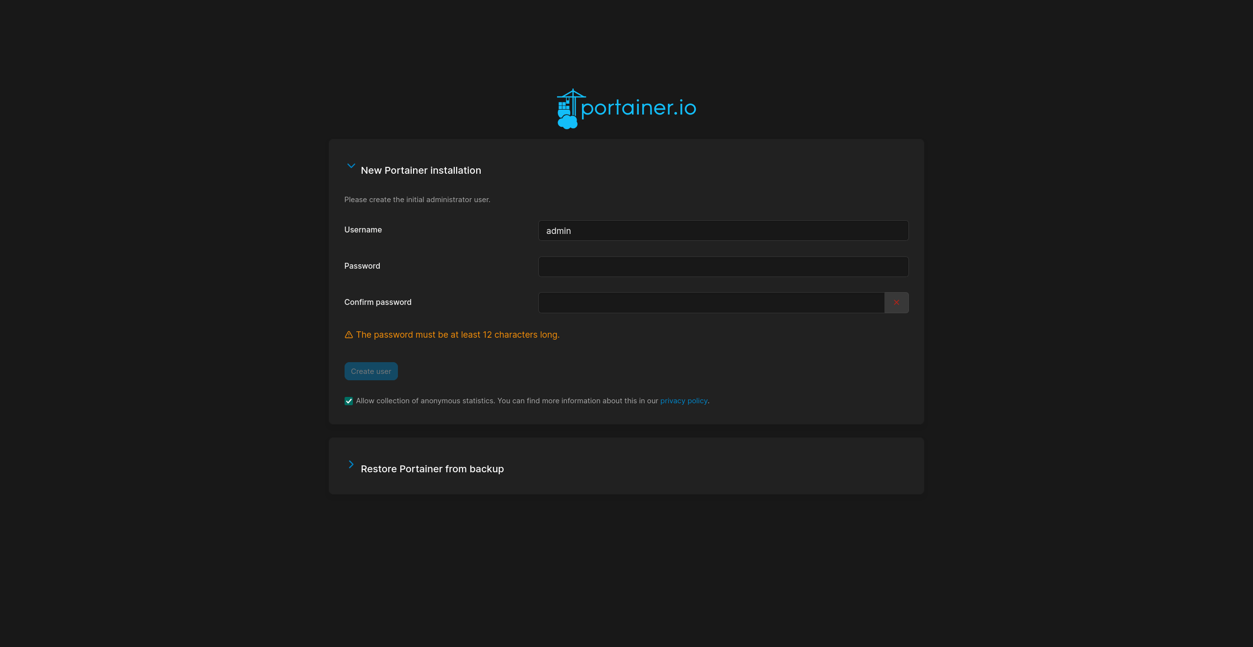 Portainer login page.