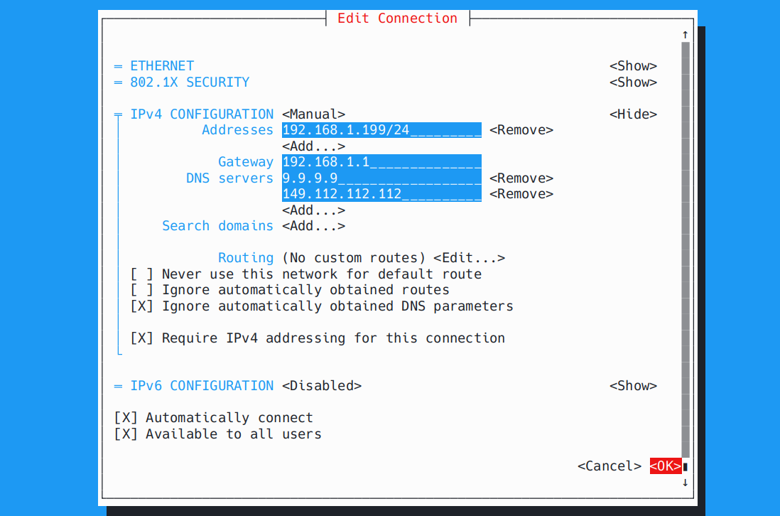 NetworkManager TUI - Ethernet interface configuration.