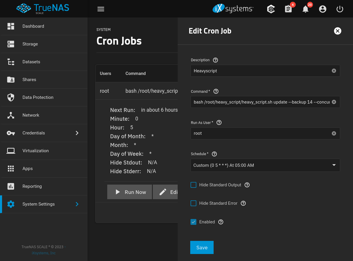 HeavyScript cron job in TrueNAS advanced system settings.