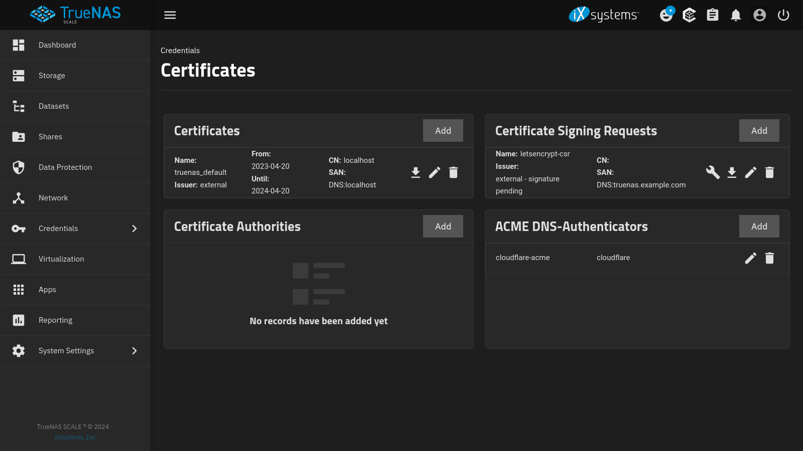 TrueNAS Certificates dashboard.