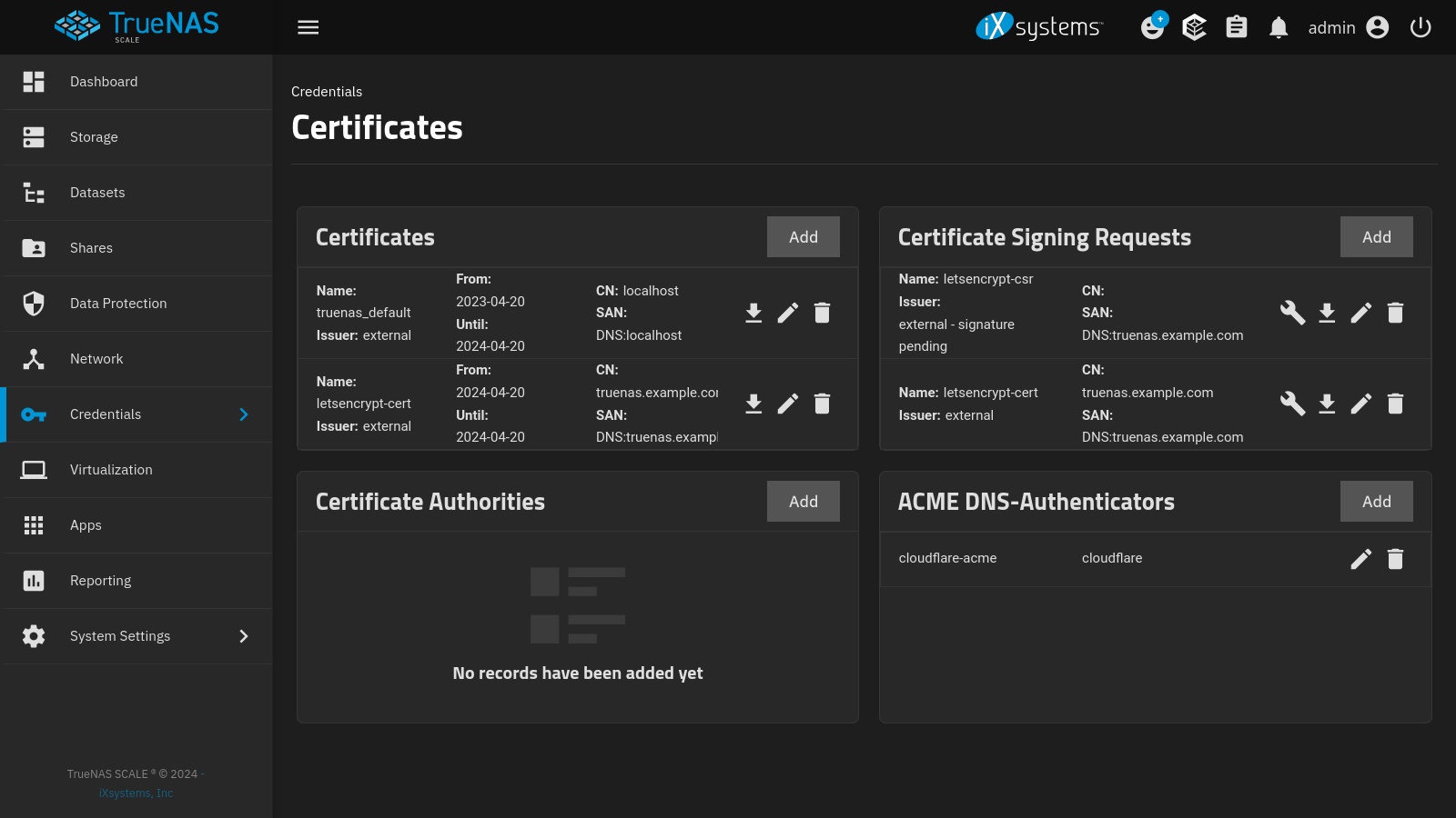 TrueNAS Certificates dashboard with new certificate.