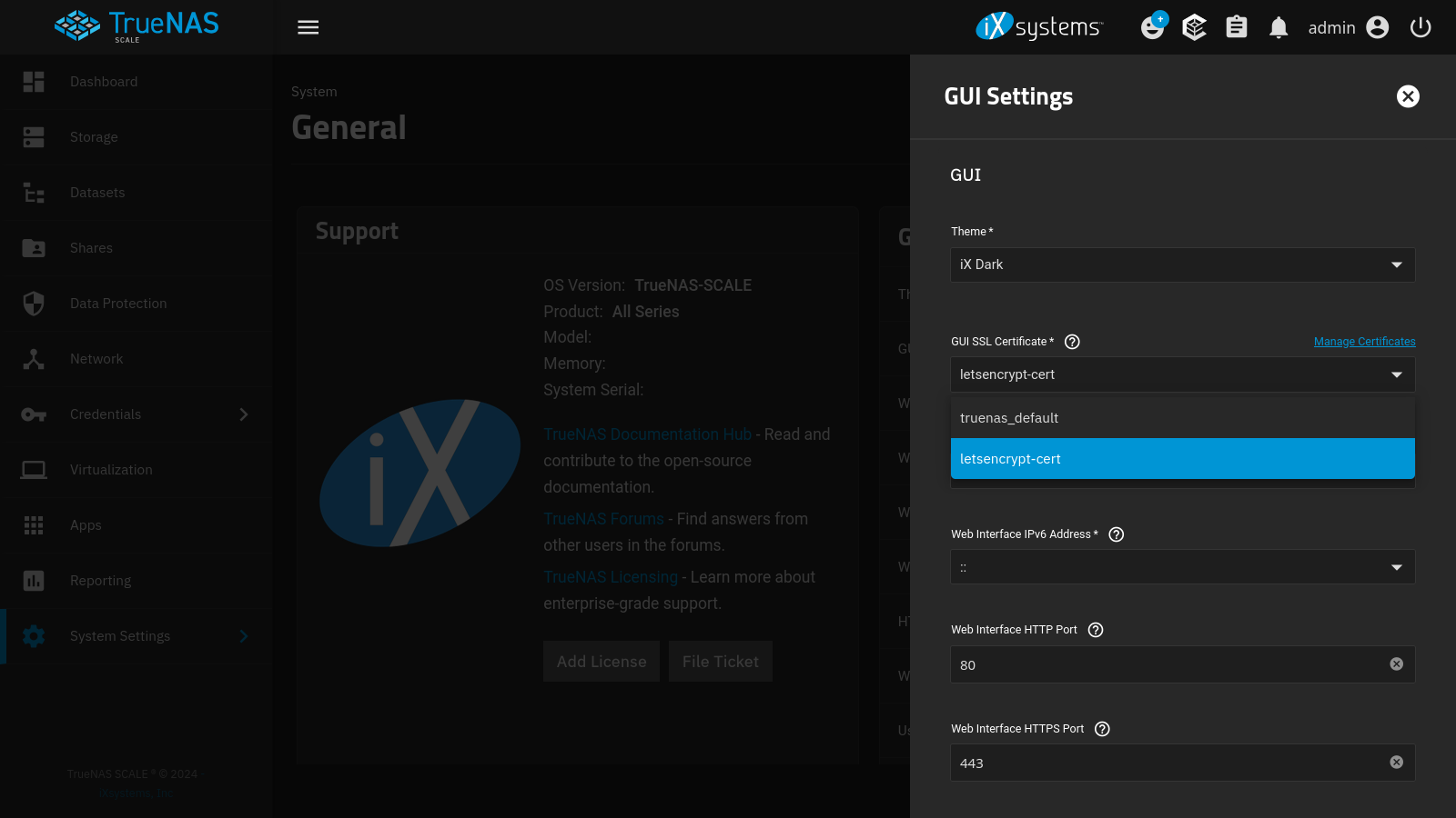 TrueNAS web GUI certificate configuration.