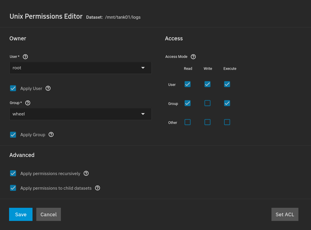 Configure logs dataset permissions (750).