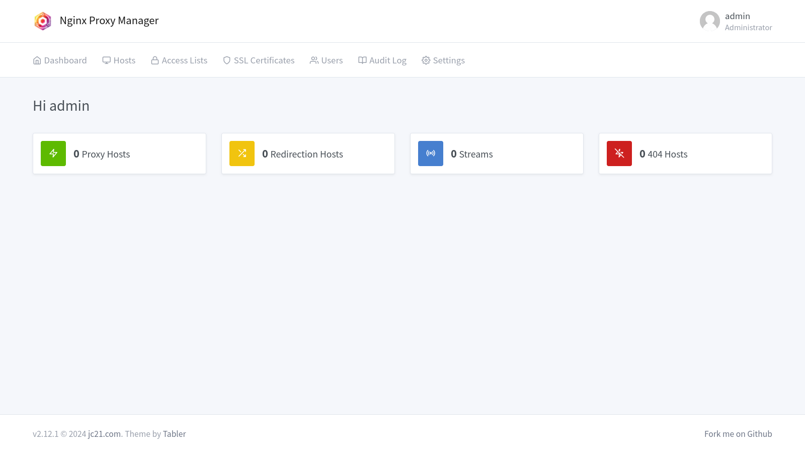 Nginx Proxy Manager dashboard.