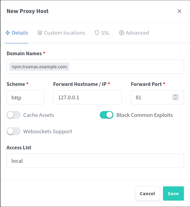 Nginx proxy host details.