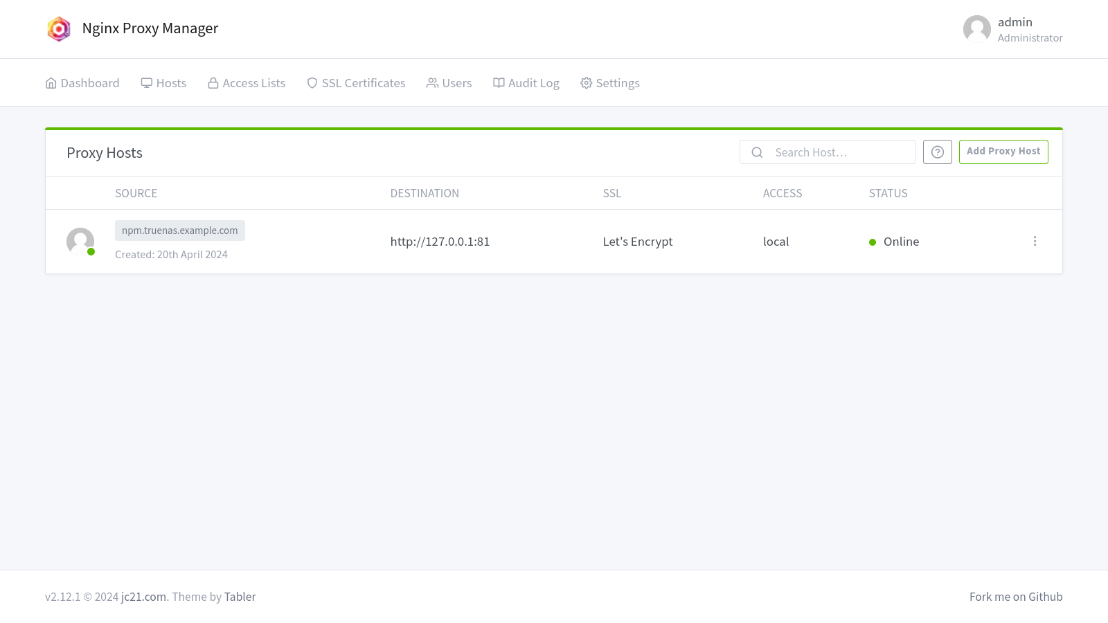 Nginx proxy host page.