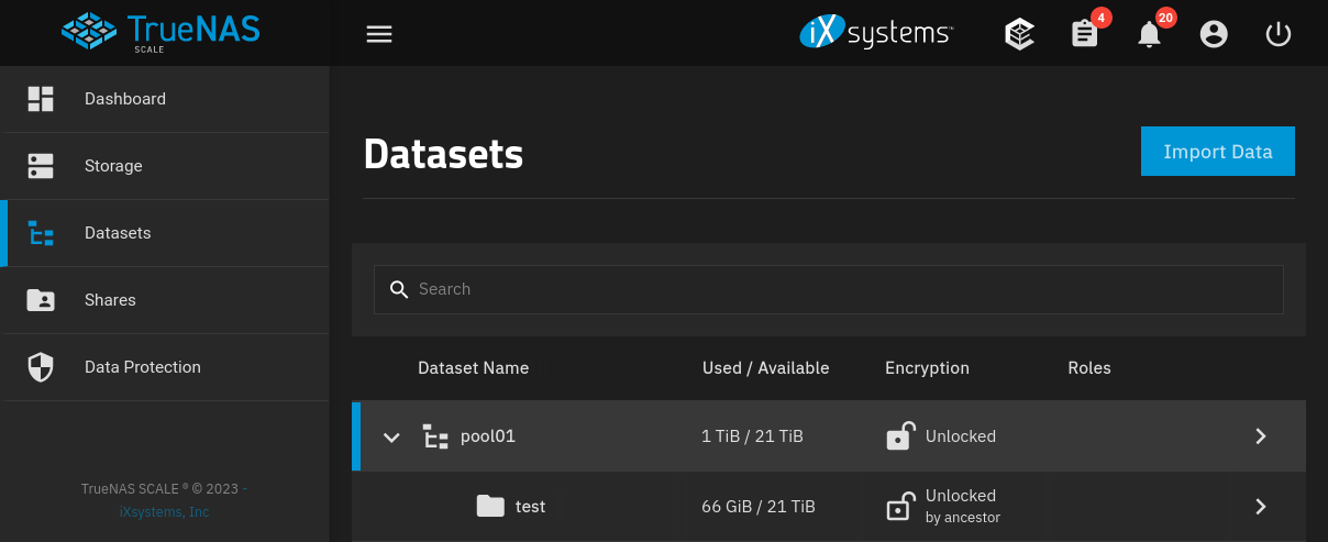 TrueNAS Datasets dashboard with pool01 and test datasets.