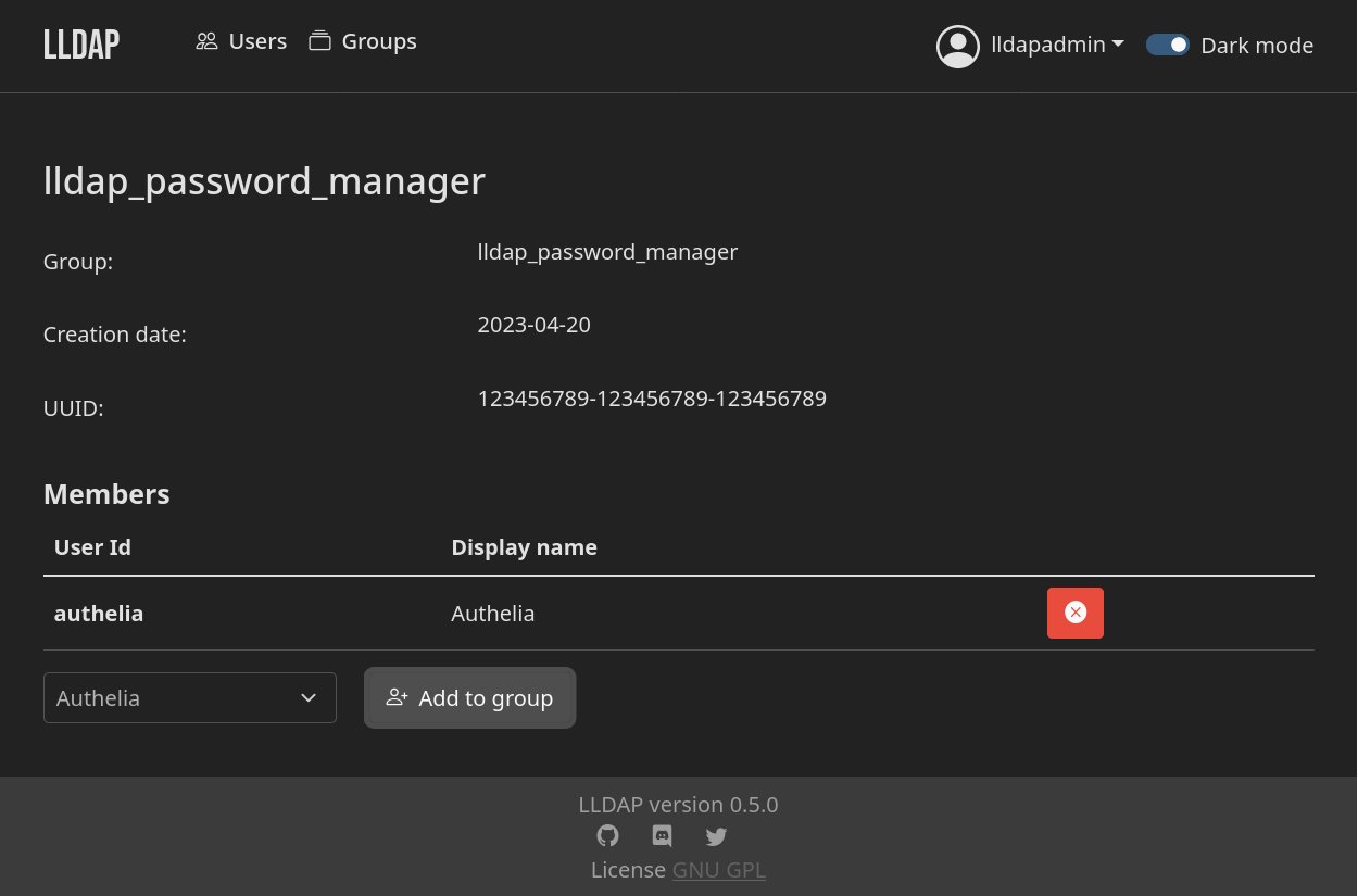 LLDAP add authelia user to lldap-password-manager group.