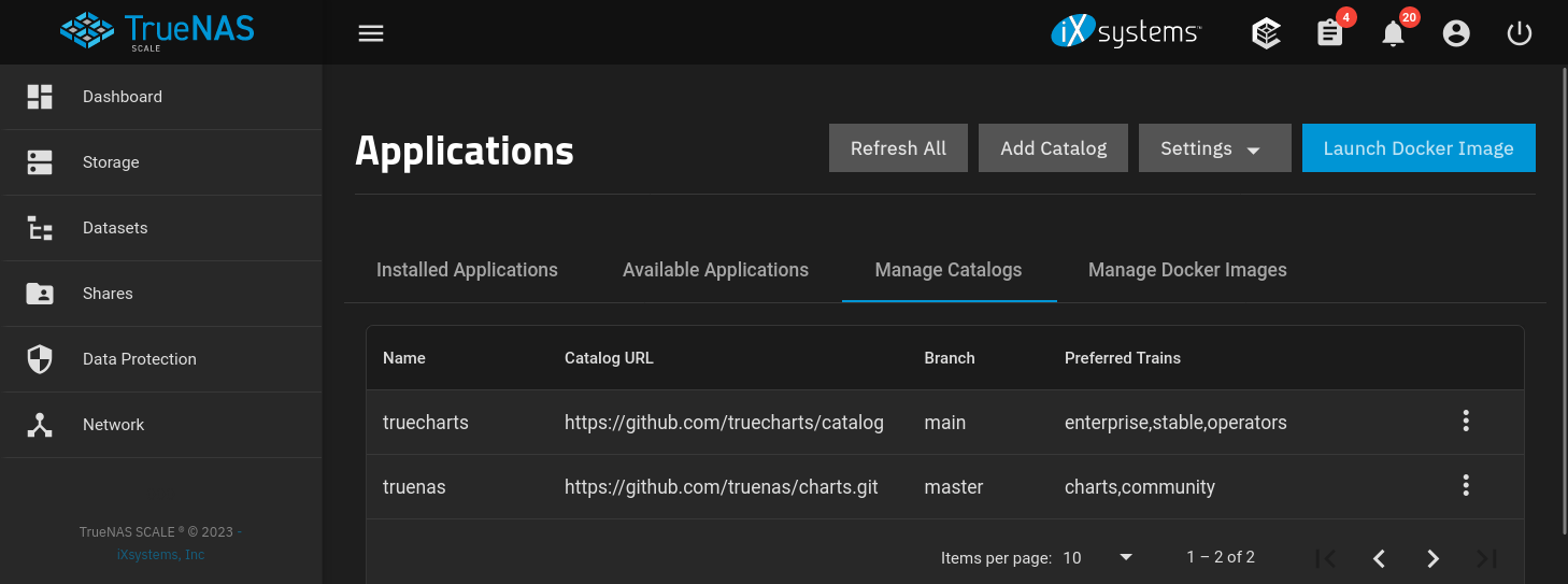 TrueNAS dashboard application catalog management page.