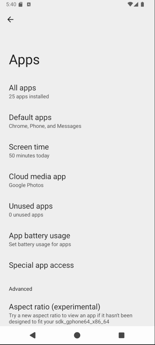 Settings Apps screenshot.