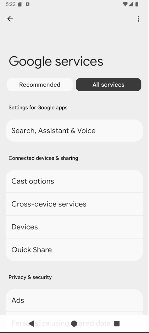 Settings Google screenshot.