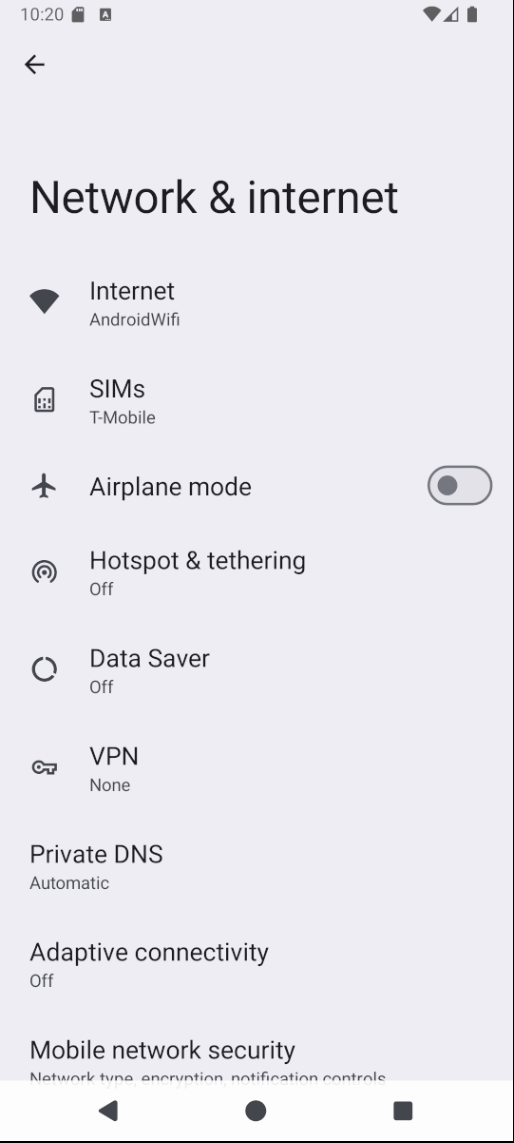 Settings Network screenshot.